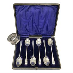 Set of six Edwardian silver teaspoons, each with initial to terminal, hallmarked Sheffield 1902, in fitted case, together with a silver napkin ring