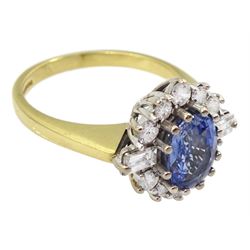 18ct gold oval sapphire, baguette and round brilliant cut diamond cluster ring, Birmingham 1991, sapphire approx 1.35, total diamond weight approx 0.50 carat