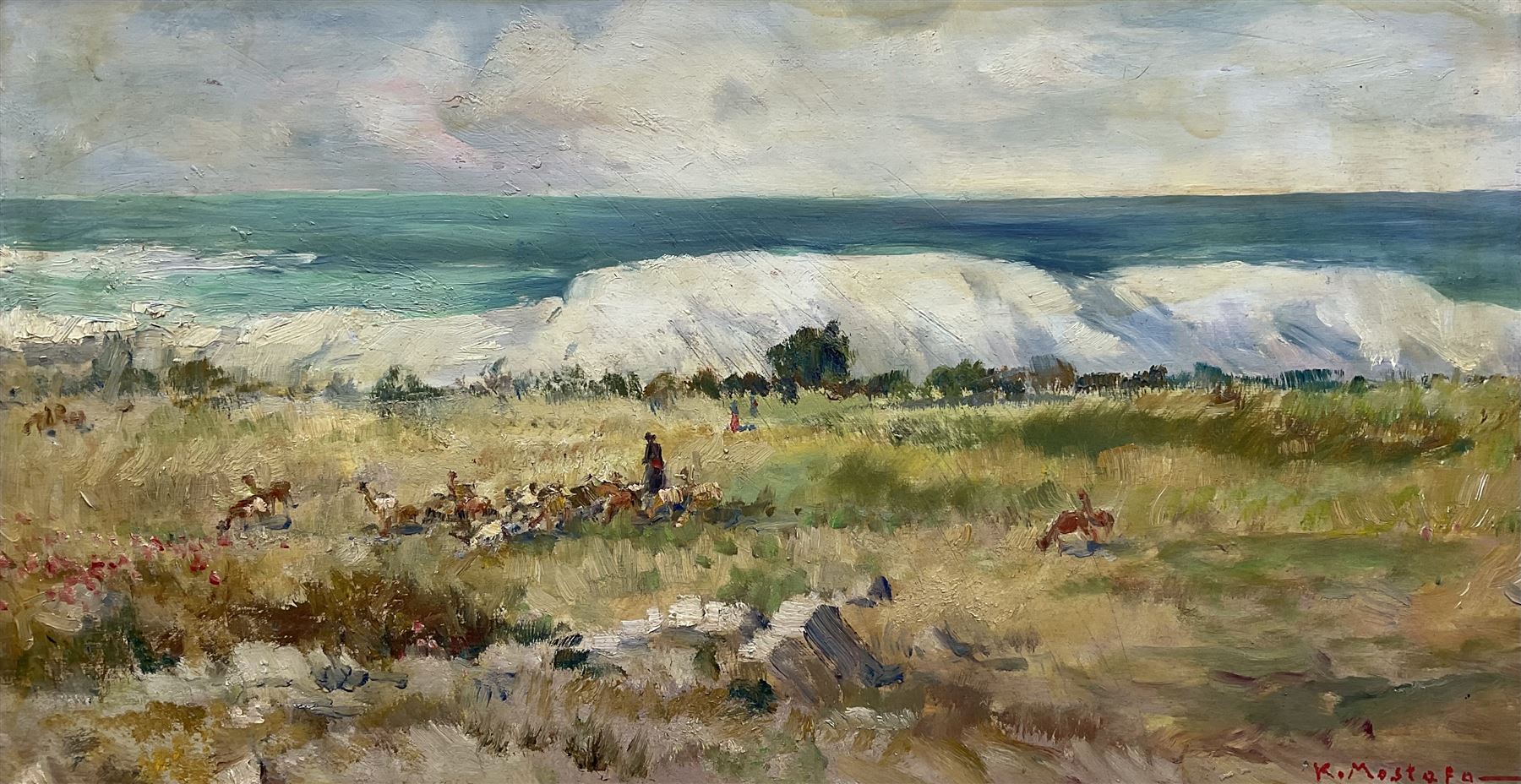 Kamel Moustafa (Egyptian 1917-1982): Goatherd and Flock, oil on panel signed 25cm x 47cm