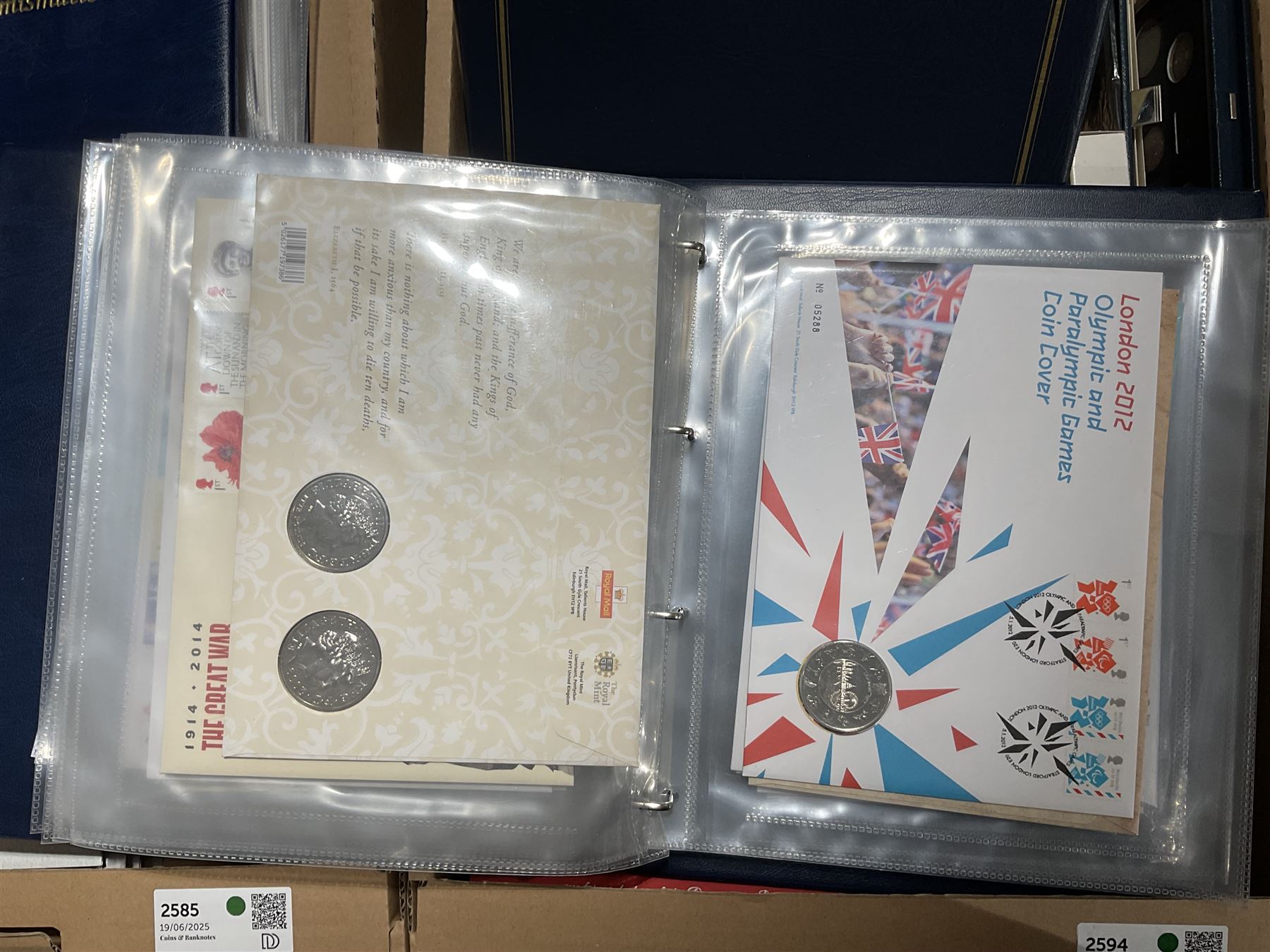 Approximately one hundred and fifteen Royal Mint coin covers, in two ring binder folders and loose, together with approximately 53 grams of Great British pre-1920 and approximately 68 grams of Great British pre-1947 silver threepence coins, and a small quantity of further pre-decimal coins