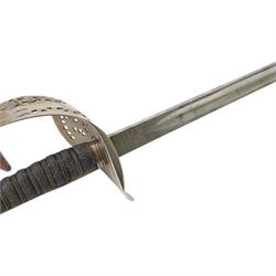 George V British infantry officers sword, made by Rob Mole & Sons Birmingham, the 82cm etched blade with makers mark 'Robert Mole & Sons Makers to the The War & India Offices', with brass inset proof mark, numbered M6855 on spine, the full guard with pierced scrolling decoration and George V cypher, shagreen covered grip with silver wires, with leather sword knot attached, in steel scabbard with suspension rings, overall L100cm