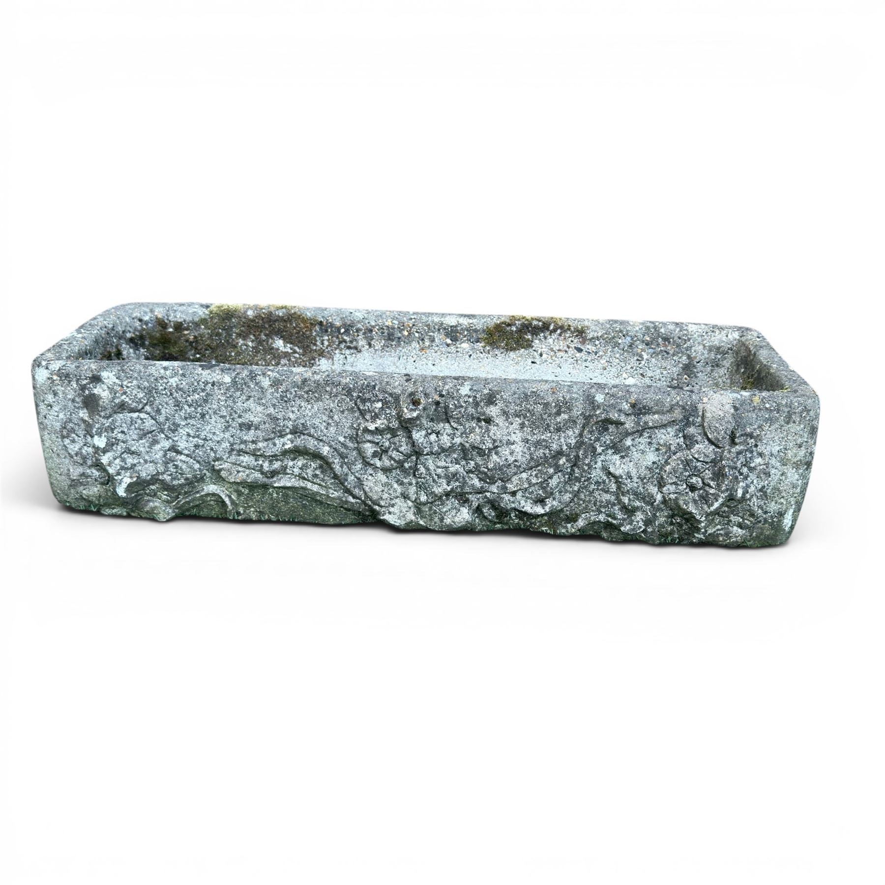 Pair of rectangular weathered cast stone planters, ornate moulded detail