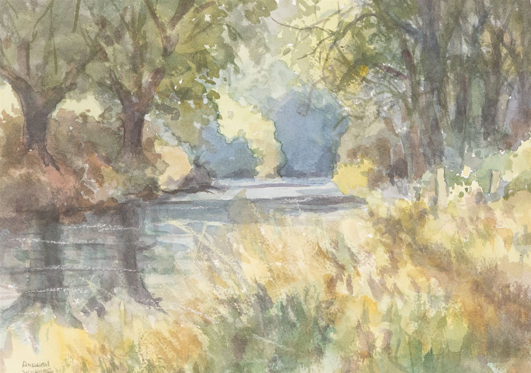 Andrew Warnes (East Riding 20th Century): 'Skidby Windmill' 'Burton Agnes Church' 'River Derwent' and another, set of four watercolours signed, mostly titled verso max 35cm x 25cm (4)