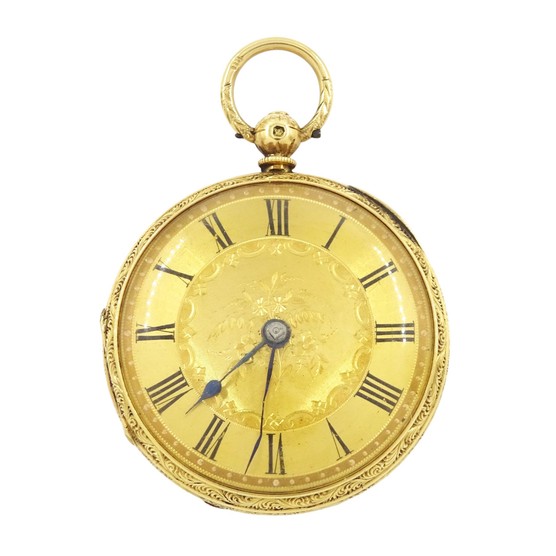 Victorian 18ct gold open face key wound lever pocket watch, No. 33202, gilt dial with Roman numeral hour markers, engraved foliate case with empty cartouche, case makers mark A W, London 1871