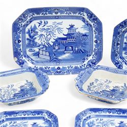 Large collection of Burleigh Ware blue and white Willow pattern dinnerware, comprising twenty one dinner plates, twelve side plates, four platters of graduating size, two tureens with saucers, and two vegetable dishes