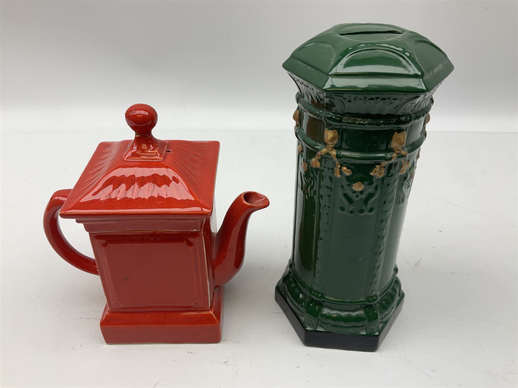 Collection of Post Box money boxes comprising ceramic, tin plate and plastic models, to include Crested Ware money boxes bearing motto ‘I Can’t Get a Letter From You So Send You The Box’ etc in three boxes