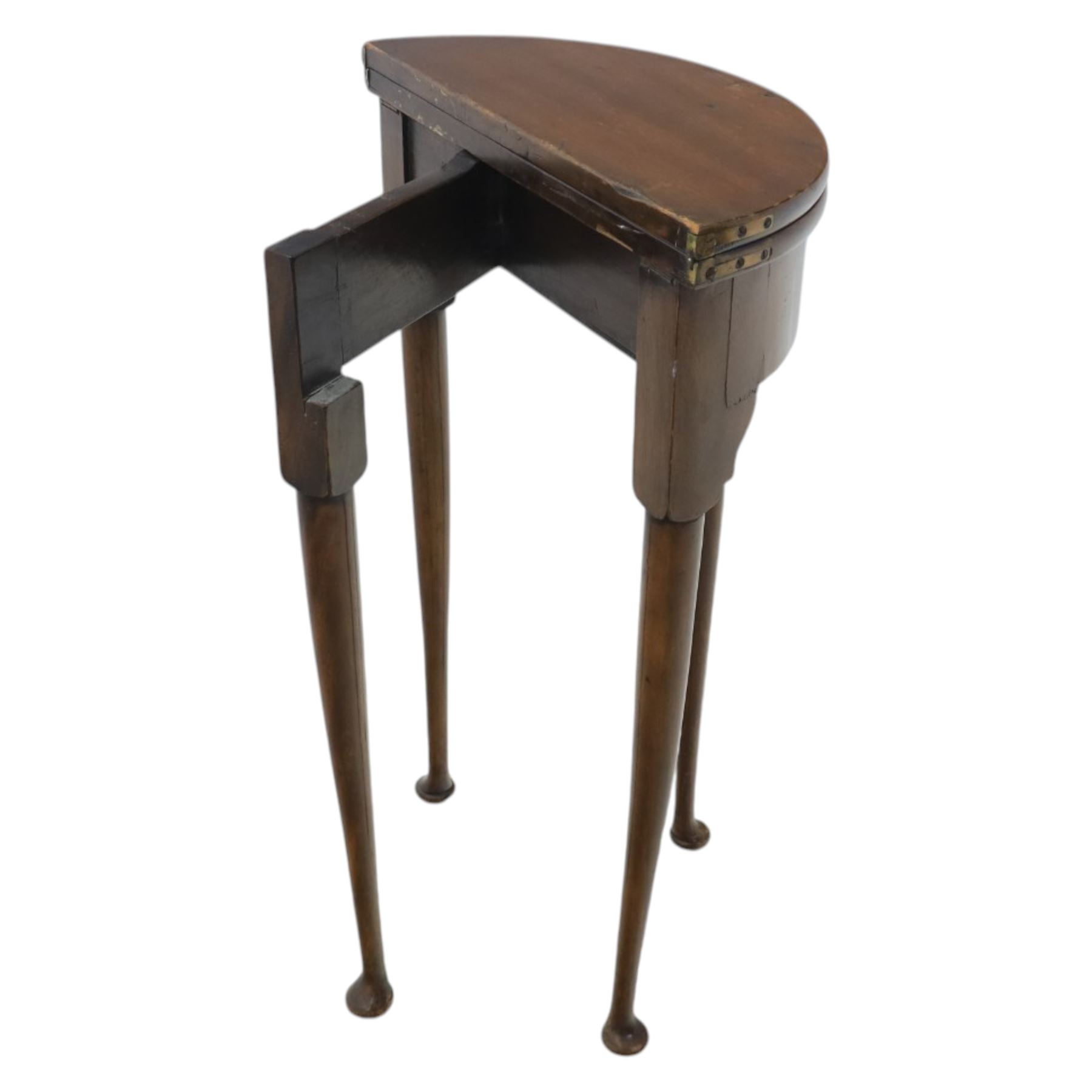 Small proportioned 19th century demi-lune drinks table, foldover top with gate action, raise on tapering cabriole legs