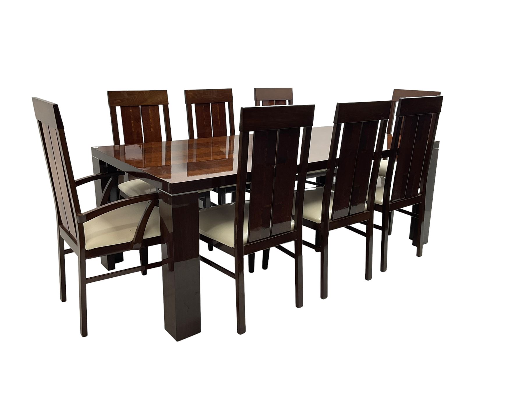 Large American walnut rectangular dining table on square block supports, together with set eight high back dining chairs with cream upholstered seats, the top and chair backs with matching inlaid geometric banding