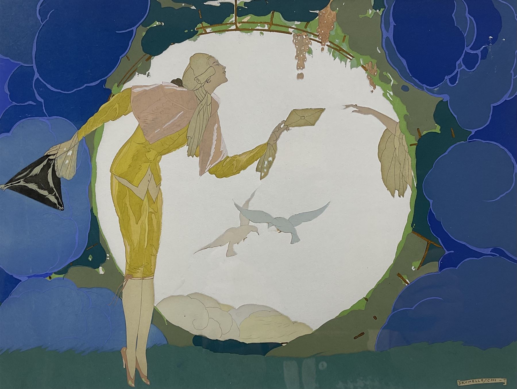 Umberto Brunelleschi (Italian 1879-1949): 'Le Courrier d'Amour', Art Deco pochoir signed pub. c1930s, 27cm x 35cm