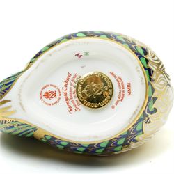 Four Royal Crown derby paperweight comprising Farmyard Cockerel 4504/5000, Farmyard Hen 4115/5000, both boxed and with certificates, Golden Carp and Jenny Wren, all with gold stoppers (4)