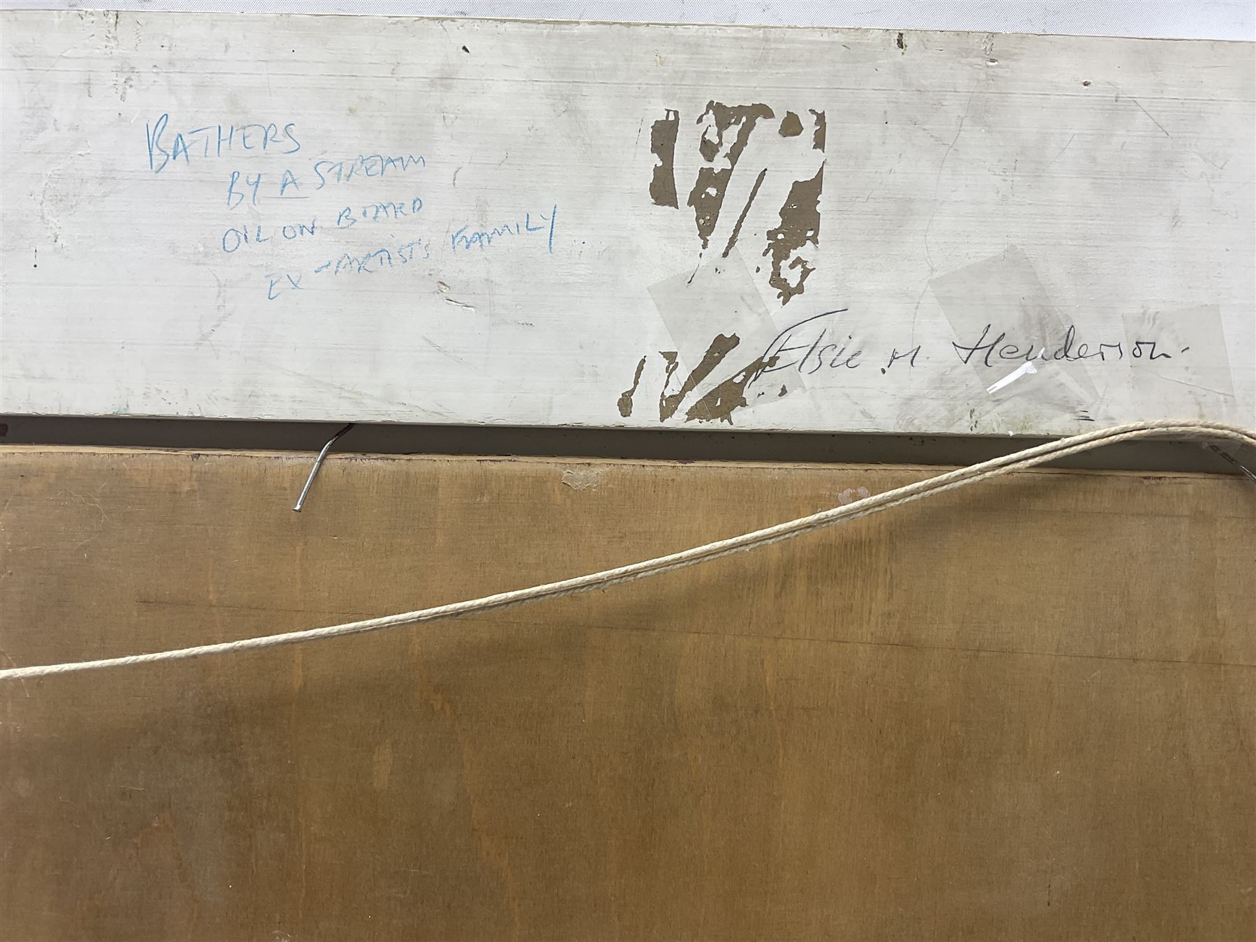 Elsie Marion Henderson (British 1880-1967): 'Bathers by a Stream', oil on canvas laid on to panel unsigned, titled and inscribed verso 27cm x 40cm