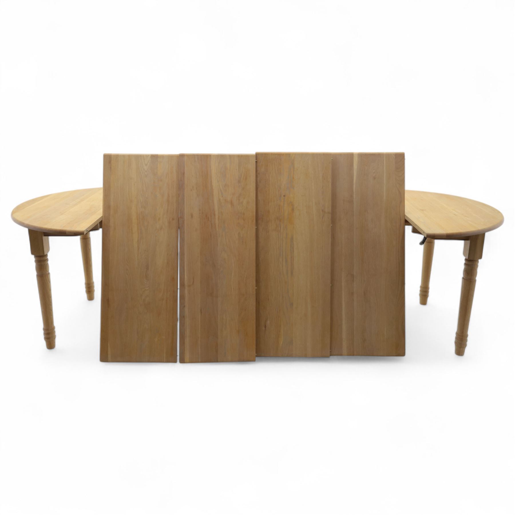 Neptune – Sheldrake limed oak extendable dining table and eight Havan loom chairs, the oval top in limed oak finish with four additional leaves extending the table to seat up to ten (Extends to cm), raised on turned legs with two additional centre supports, the matching Havan loom chairs finished in grey with cream upholstered seat covers (H 95cm, W 47cm, D 55cm)