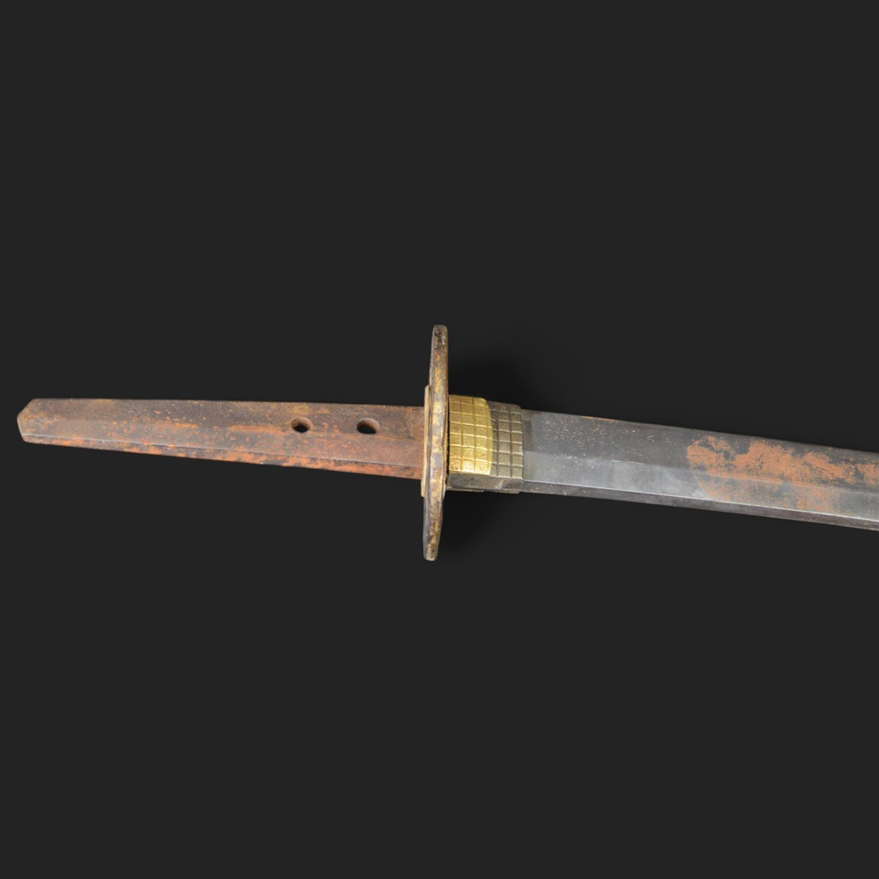 Japanese Army Officers Gunto Sword,  with 64cm steel single edged blade, bronze tsuba and wrapped fish skin grip, in leather scabbard overall L87cm