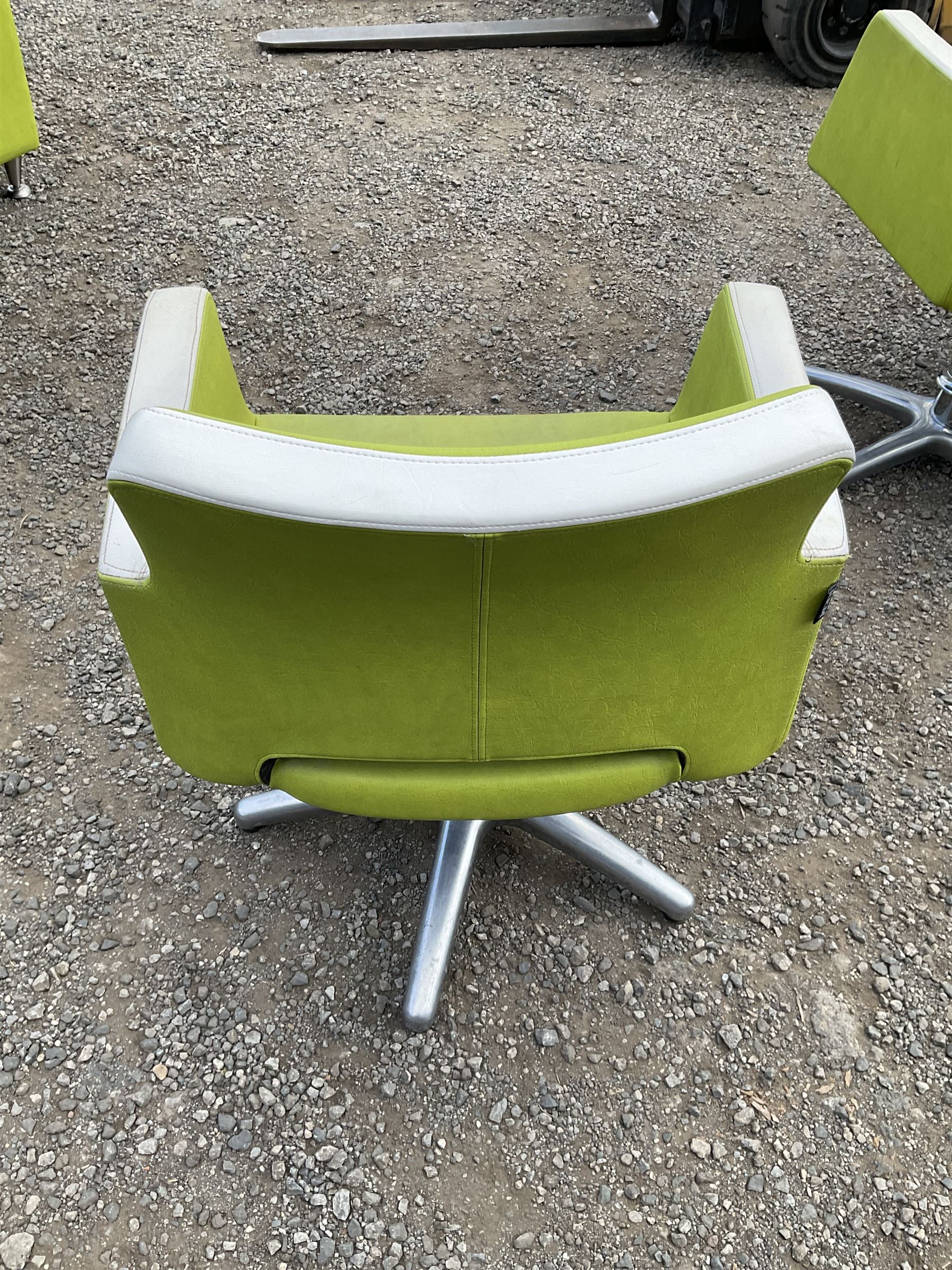 Salon Equipment - Set of four green and white faux leather hydraulic styling salon chairs - THIS LOT IS TO BE COLLECTED BY APPOINTMENT FROM DUGGLEBY STORAGE, GREAT HILL, EASTFIELD, SCARBOROUGH, YO11 3TX