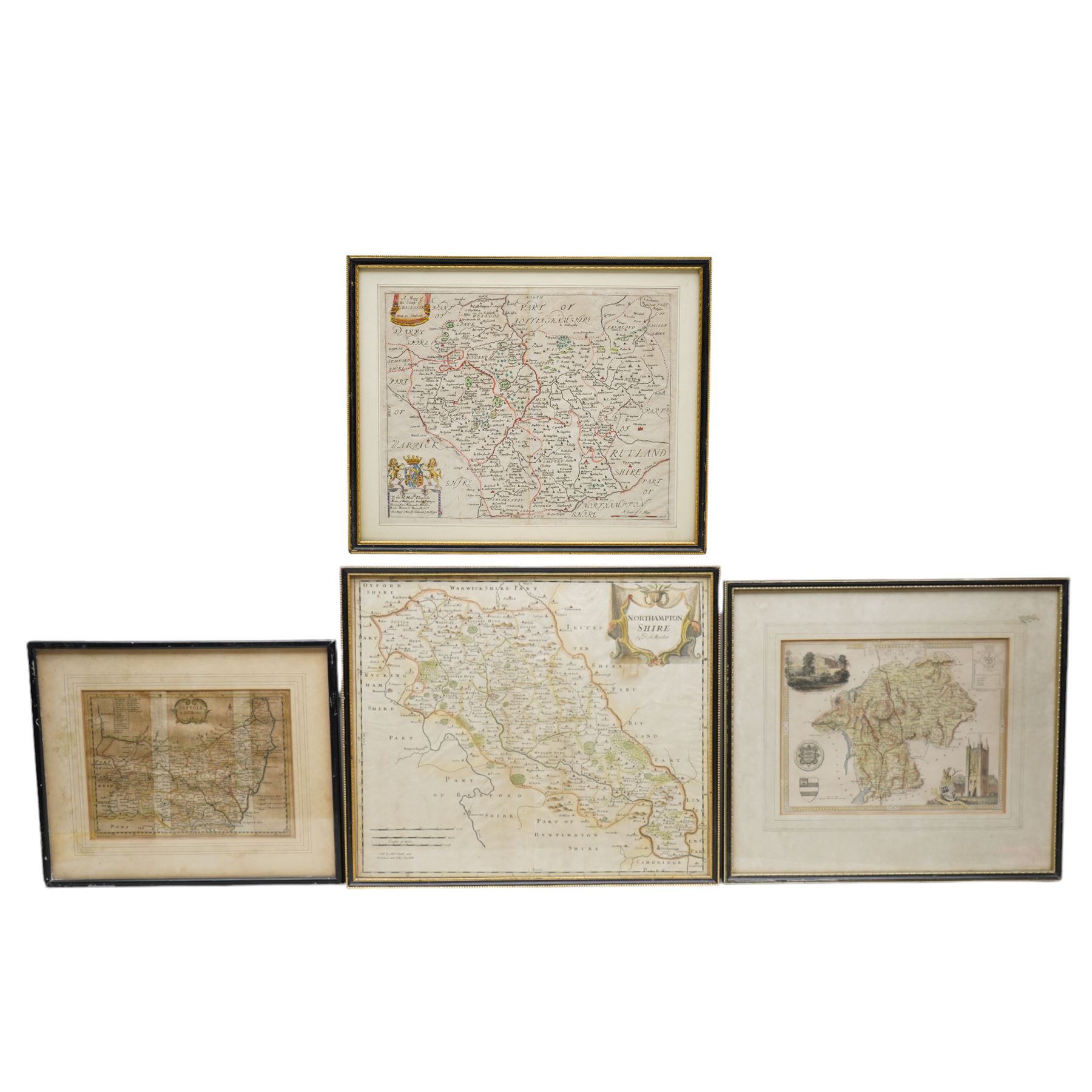 Richard Blome (British 1635-1705): 'A Mapp of the County of Leicester with its Hundreds', 18th century map with hand-colouring pub. c.1673; 
Robert Morden (British c.1650-1703): 'Northamptonshire' and Suffolk', two 17th/18th century engraved maps with hand-colouring together one other similar max 36cm x 42cm (4)