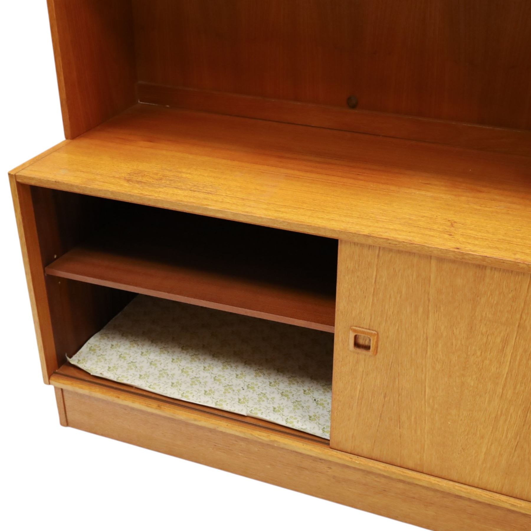 Clausen & Son Silkeborg - Danish 1960s teak highboard wall unit, the upper modular section with open shelves, smoked glass sliding doors and 12