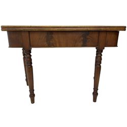 19th century mahogany tea table, swivel action rectangular fold-over top with rounded corners, on turned supports 