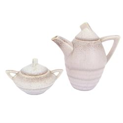 German Art Deco Carstens Uffrecht tea service for four, comprising teapot, coffee pot, milk jug, covered sugar bowl, four teacups and saucers and two small plates, each with pink mottled decoration, two pieces marked to base DEK 256
