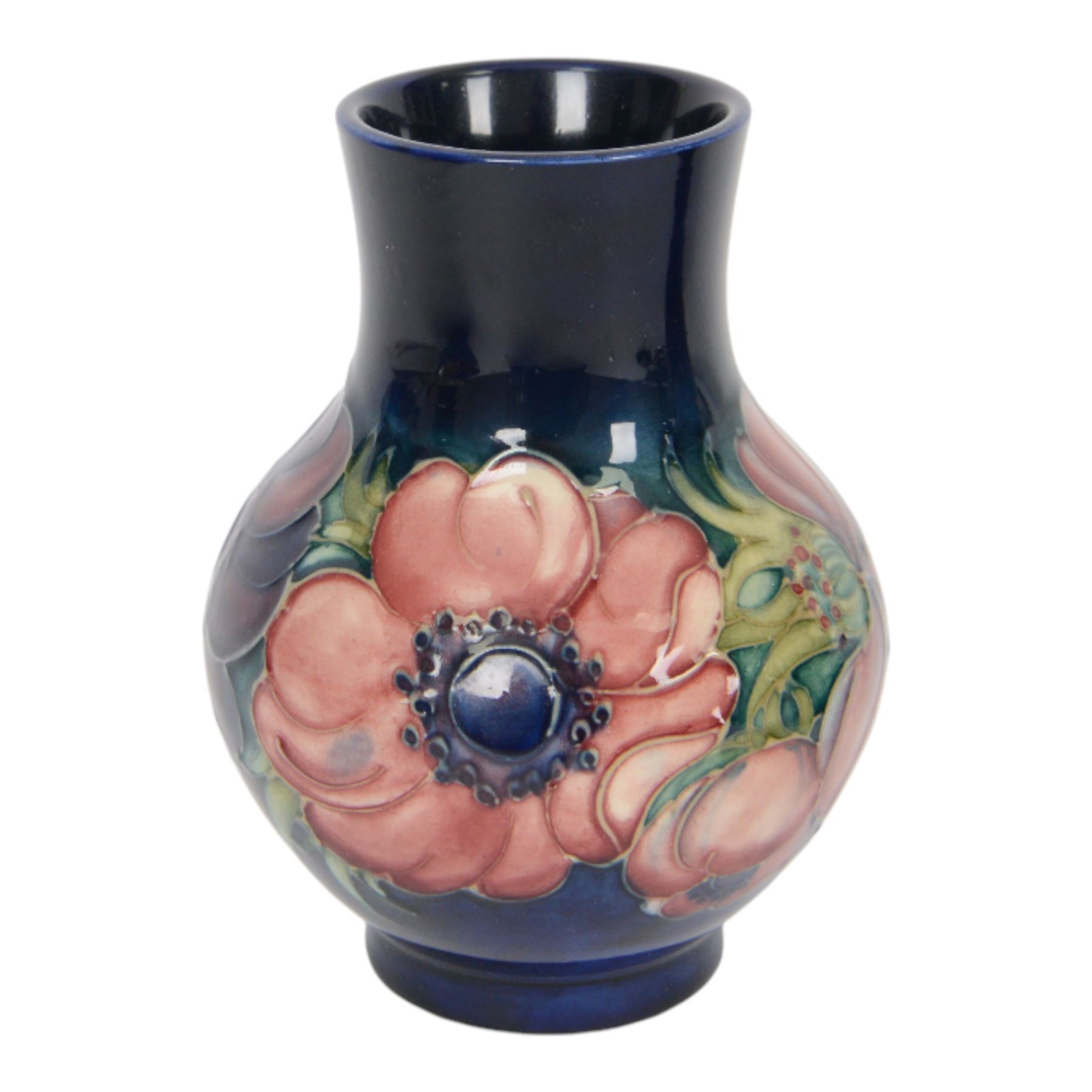 Moorcroft pansy pattern vase, of baluster form, together with Anemone pattern vase and dish, all with impressed marks beneath, pansy vase H16cm 