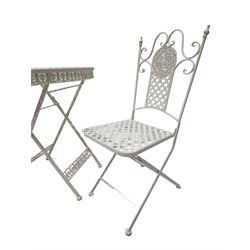 Wrought iron mesh style round bistro table and two chairs in white finish  - THIS LOT IS TO BE COLLECTED BY APPOINTMENT FROM DUGGLEBY STORAGE, GREAT HILL, EASTFIELD, SCARBOROUGH, YO11 3TX