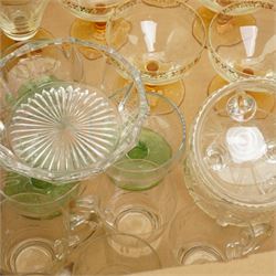 Large collection of glass, including amber stem sherry/liqueur glasses with leaf decoration to rims, green glass examples, decanters etc