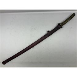 Copy of a WWII Japanese NCO sword, the 65cm slightly curving blade stamped with pseudo Japanese characters and cast brass simulated cord bound grip; in officer's leather bound field scabbard L97cm overall