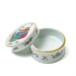 Chinese famille rose cylindrical lidded jar, hand-painted with figural decoration to cover and floral sprigs and insects to body, together with a similar Chinese porcelain lid, jar H4cm