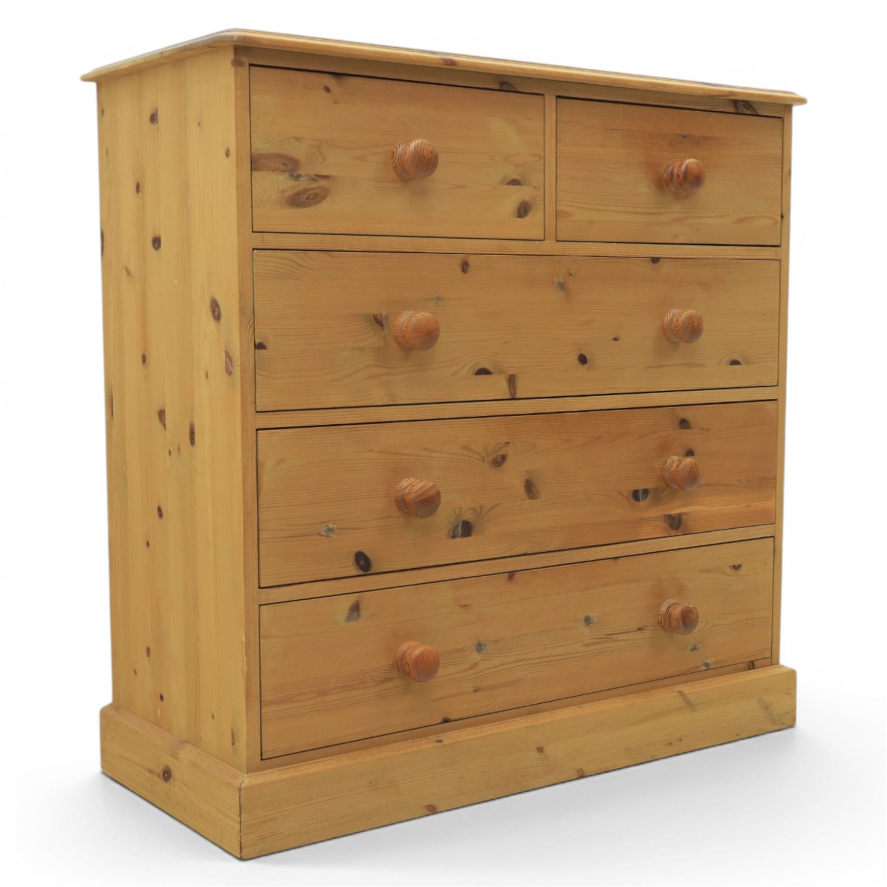 Solid pine chest, fitted with two short and three long drawers