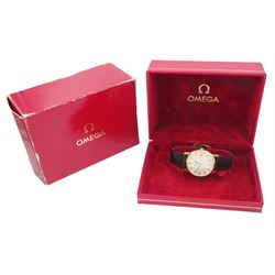 Omega gentleman's 9ct gold automatic wristwatch, silvered dial with baton hour markers and date aperture, on Omega brown leather strap, with Omega gold-plated buckle, boxed