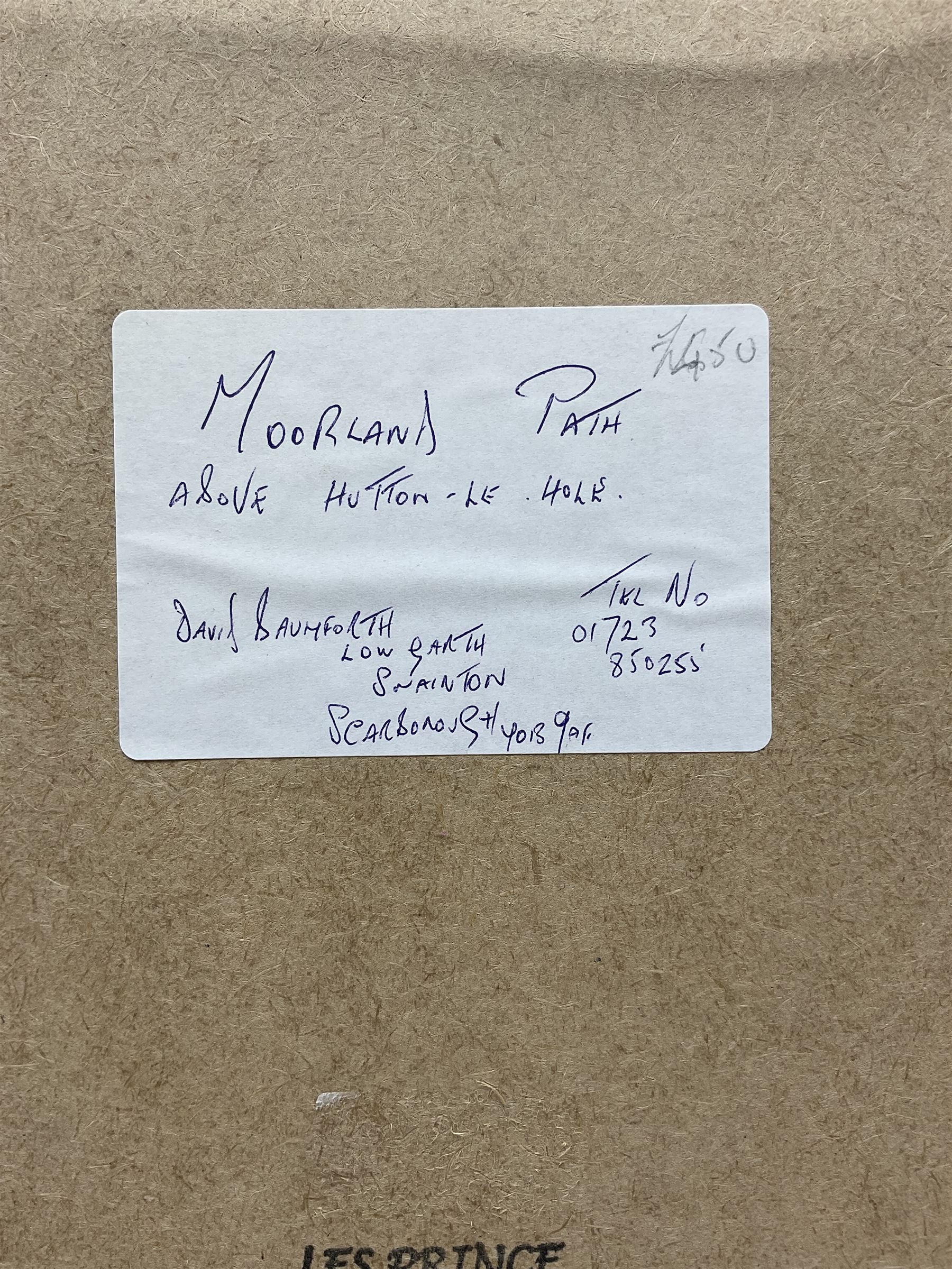 David Baumforth (British 1945-): 'Moorland Path above Hutton le Hole', mixed media signed with monogram, original title label verso 24cm x 24cm  