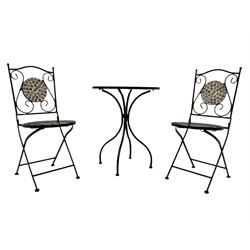 Black painted metal bistro set, circular table with mosaic top, and pair of folding chairs with mosaic panels 