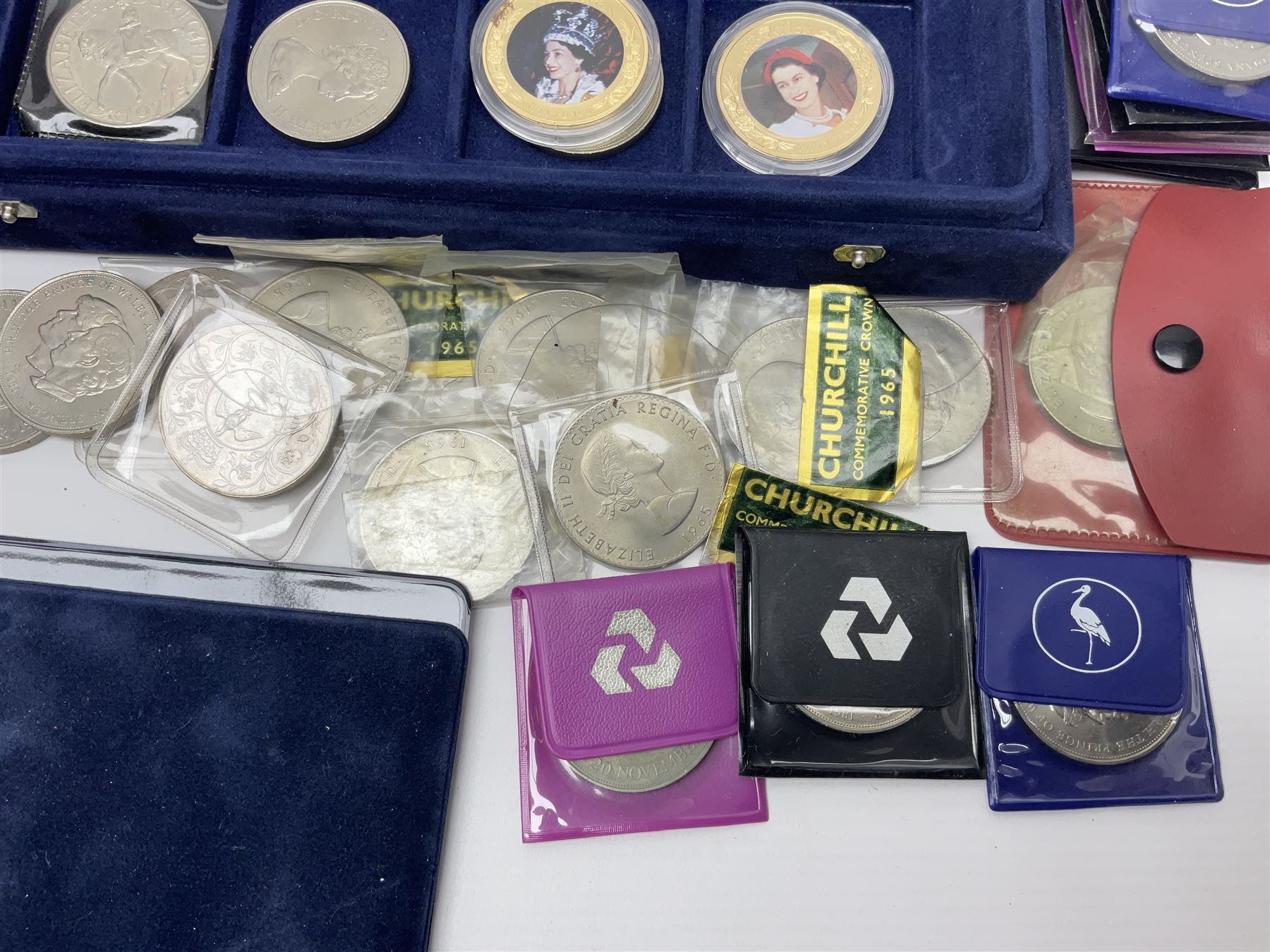 Mostly commemorative coins, including crowns, Queen Elizabeth II 2009 countdown to London 2012 five pound coin on card, 'The 2012 Diamond Jubilee' coin set in card folder, Cook Islands 2013 one dollar commemorating 'Coronation sixty years 1953 2013' etc