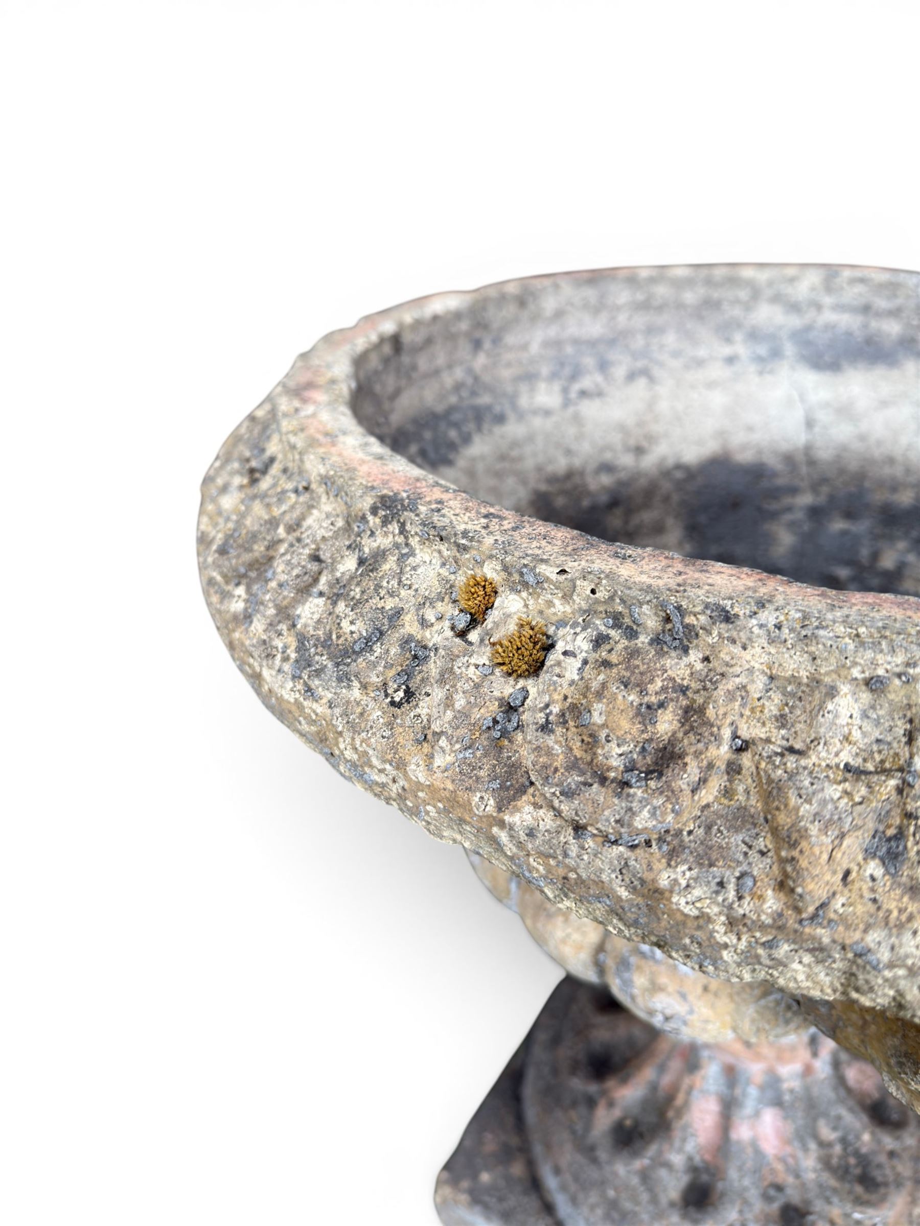 19th century terracotta campana shape urn planter, egg-and-dart moulded rim over a cherub-mask and gadrooned underbelly, turned pedestal and socle on square base