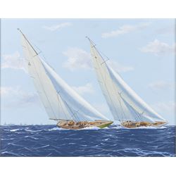 George Drury (British 1950-): 'Shamrock V and Enterprise - Americas Cup 1930', oil on canv...