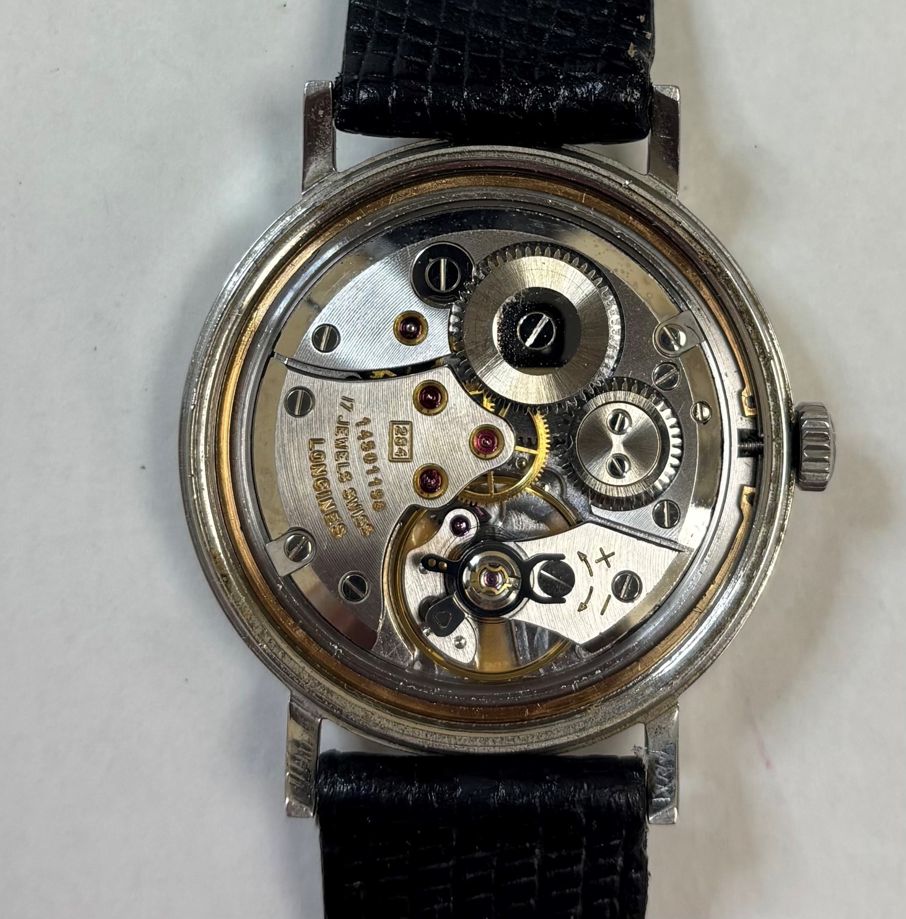 Longines gentleman's stainless steel manual wind wristwatch, circa 1960's, Ref. 7839 3, Cal. 284, silvered dial with baton and Arabic hour markers, on black leather strap