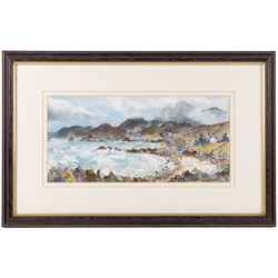 Gill Douglas (Northern British 1944-): 'Smoke on the Mountain I - An Teallach (the Forge) in the mist with Gruinard Bay from Laide - Wester Ross', watercolour signed, titled and dated 1998 verso with the artist's York address label 16cm x 34cm
Notes: Originally from Newcastle upon Tyne, at the age of 28 Gill moved to study Theatre Design at Art College in Nottingham. On completion of her Diploma, in 1976, she moved to York to establish herself as an artist and print maker.