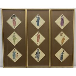 English School (early 20th century): Art Deco and Flapper Girls, set three gouaches on silk unsigned 76cm x 29cm (3)