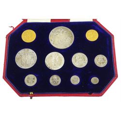 King Edward VII 1902 matt proof short coin set, comprising gold half sovereign and sovereign, silver maundy money set, sixpence, shilling, florin, halfcrown and crown, housed in a dated case 