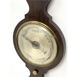 Early 19th century rosewood five dial banjo barometer, swan neck pediment, circular silvered dial with engraved register and centre decoration, H107cm