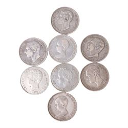 Eight Spain silver five pesetas coins, comprising Amadeo I 1871, Alfonso XII 1875, 1877, a...