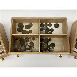 Three drawer collectors cabinet with fall front containing various Great British and World coins including GB pre-decimal coins, King George III 1806 penny, cartwheel pennies etc