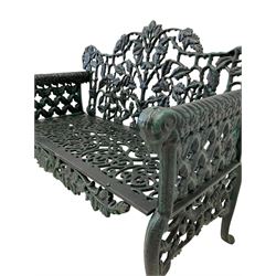 Victorian design cast iron bench, tailing oak leaf and branch pattern, rams head arm terminals