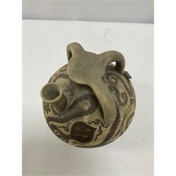Reproduction Ancient Greek vessel in the style of Crete Minoan period, decorated with marine style ocotopi, with three handles and spout, signed beneath, H20cm