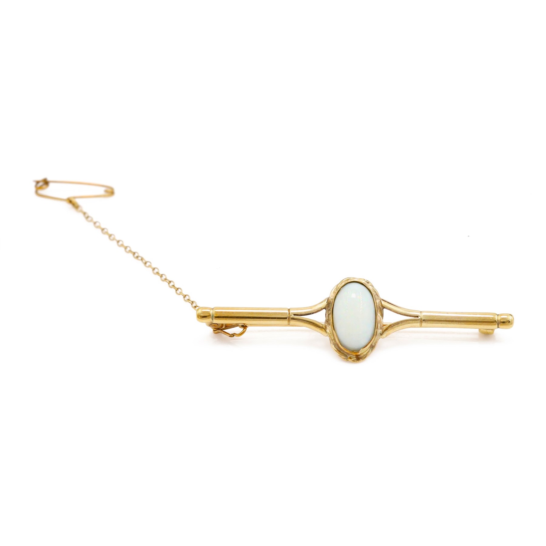 9ct gold opal bar brooch, set with a single oval cabochon cut opal