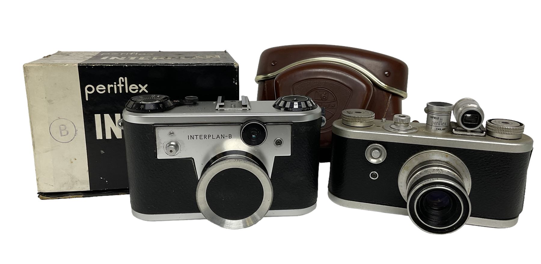 Corfield Periflex I 35mm periscope camera body,  with 'Corfield Lumar-X 1:3,5/50' lens, and Corfield Interplan-B camera body, serial no. 9111482 in original box, and with ready case