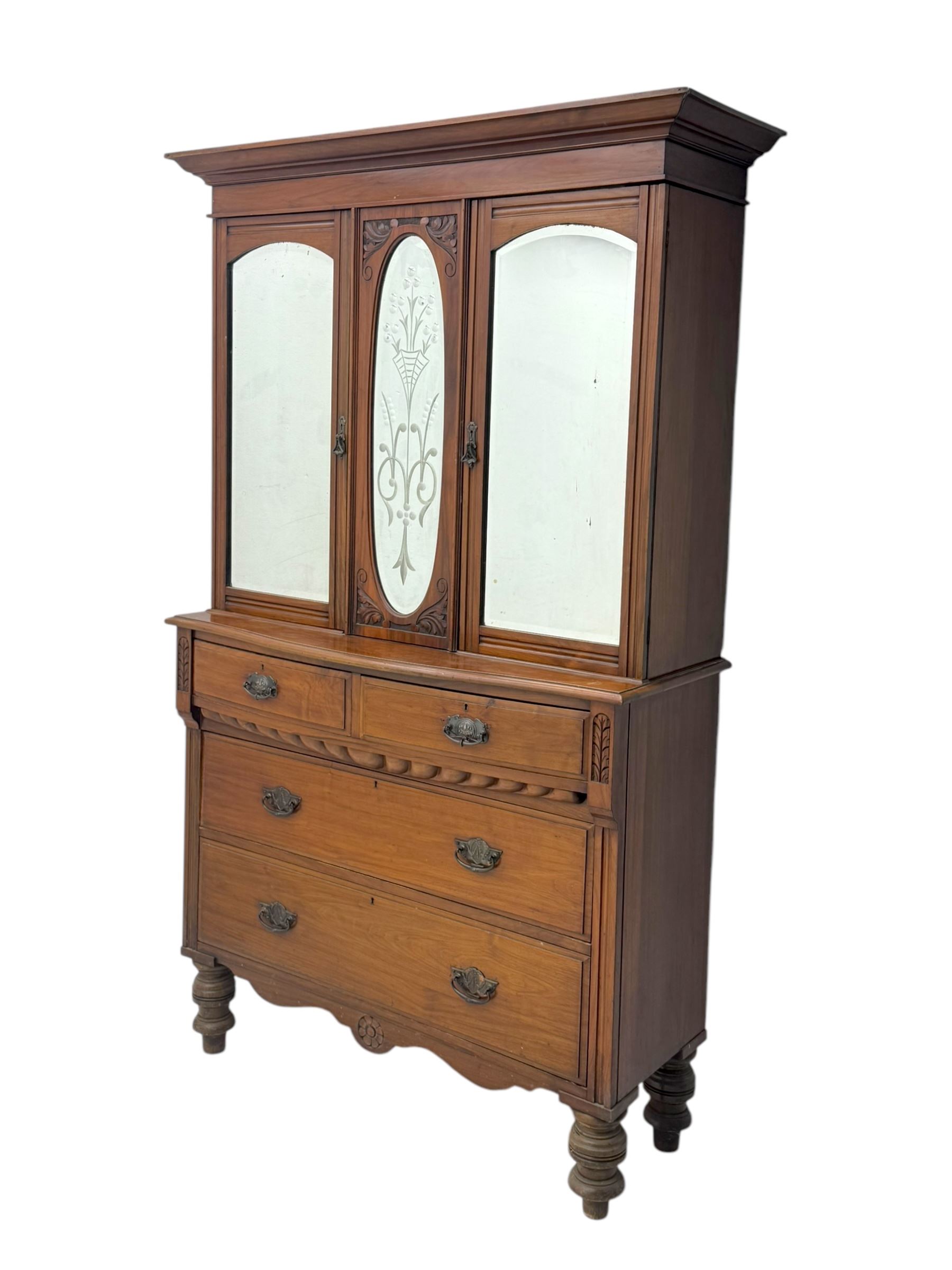 Victorian walnut dresser, projecting cornice over mirrored front, fitted with two short over two long drawers, on turned feet