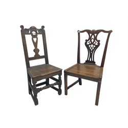 George III Chippendale design oak side chair, york cresting rail over pierced shaped splat back, solid seat raised on square supports (W52cm H93cm); 18th century oak side chair, scroll carved cresting rail with heart splat, panel seat raised on turned supports (W43cm H99cm)