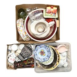 Collection of ceramics and glass, including Royal Crown derby trinket dish, Tudor ware coffee cans, end of day glass vase, flycatcher glass shade etc, in three boxes