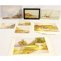  Alfred Durham, 'Scalby Mills Hotel & Forge Valley Cottages', pair of watercolours, signed 17.5cm x 25cm, unframed, Austin Smith, 'Cayton Bay', watercolour, and  another four by the same hand, one signed and dated 1914, 18cm x 27cm max (8)    