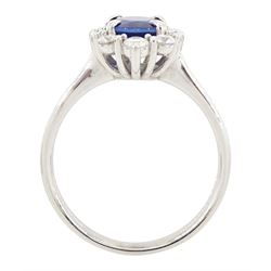 14ct white gold sapphire and diamond cluster ring, single oval cut sapphire of approx 1.00 carat, with round brilliant cut diamond surround, total diamond weight approx 0.40 carat